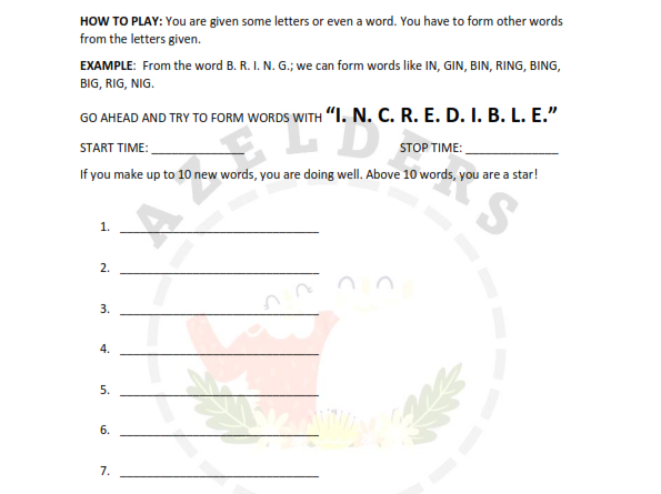Azelders mental exercises. How many words can you get from I.N.C.R.E.D.I.B.L.E?